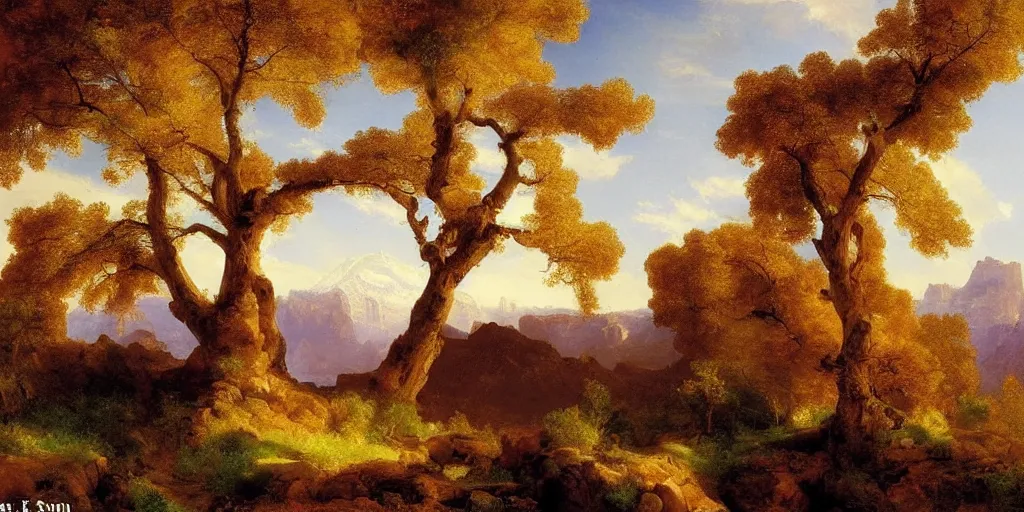 Image similar to lone oak tree growing in grand cayon, thomas moran, oil painting, beautiful composition, masterpiece