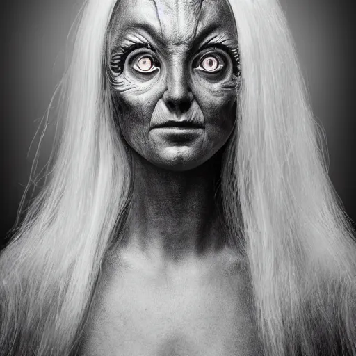 Image similar to studio portrait photography of a female grey humanoid hybrid extraterrestrial with large eyes