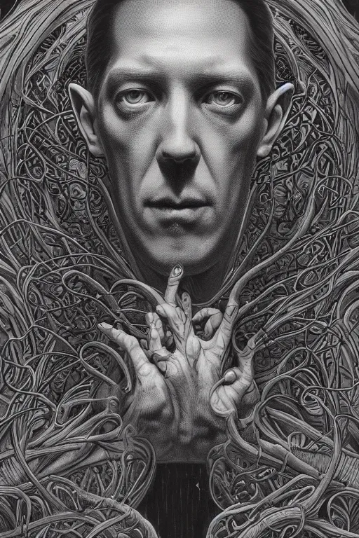 Prompt: h. p. lovecraft portrait, alex grey, patrick woodroffe, mark ryden created by gustave dore and greg rutkowski, high detailed, smooth draw, synthwave neon retro, intricate, realistic proportions, dramatic lighting, trending on artstation