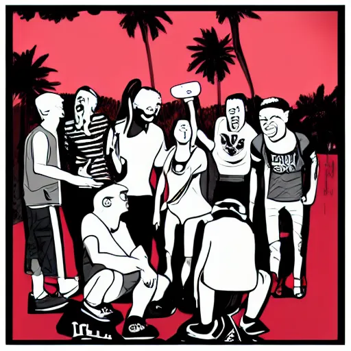 Image similar to a bill. a bong. a group of friends. enjoying themselves and laughing it up. sun set. red accents. illustration. inspired by routine.