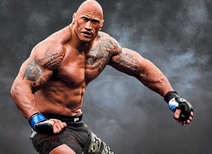 Image similar to dwayne the rock johnson in the ufc, 4 k, photorealistic