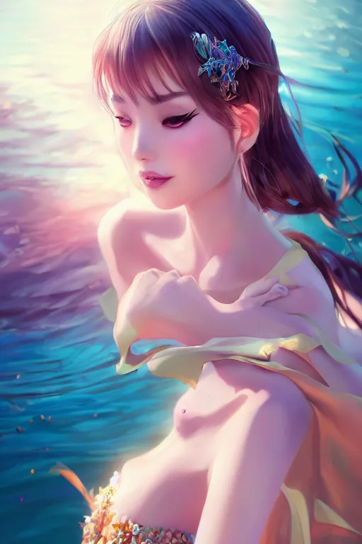 Image similar to a beautiful fashion goddness of love, chic strapless dress, tropical sea background, character design, in the style of artgerm, and wlop, cinematic lighting, hyperdetailed, 8 k realistic, symmetrical, global illumination, radiant light, frostbite 3 engine, cryengine, dof, trending on artstation, digital art