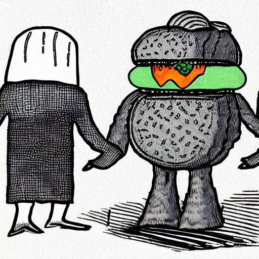 Prompt: illustration of a golem disguised as a hamburger