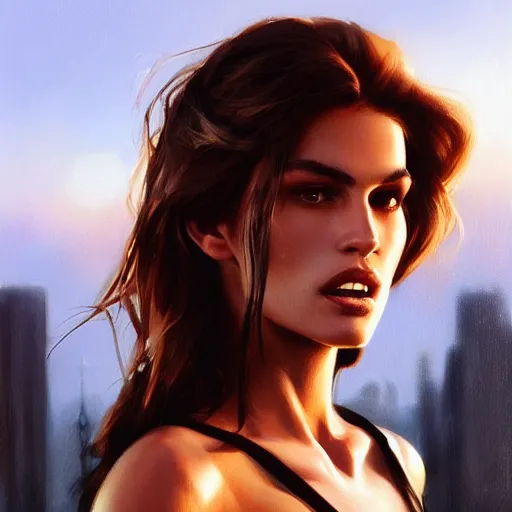 Image similar to a closeup portrait of a young cindy crawford, dramatic light, city background, sunset, high contrast, sharp, painted by stanley lau, painted by greg rutkowski, painted by stanley artgerm, digital art, trending on artstation