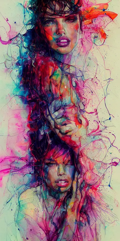 Image similar to adriana lima by agnes cecile enki bilal moebius, intricated details, sitting on a stool, full body portrait, extremely luminous bright design, pastel colours, drips, autumn lights