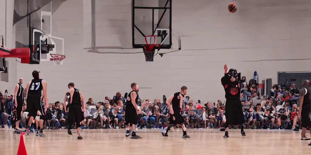 Prompt: Darth Vader in a basketball jersey at a basketball court, 4K photograph