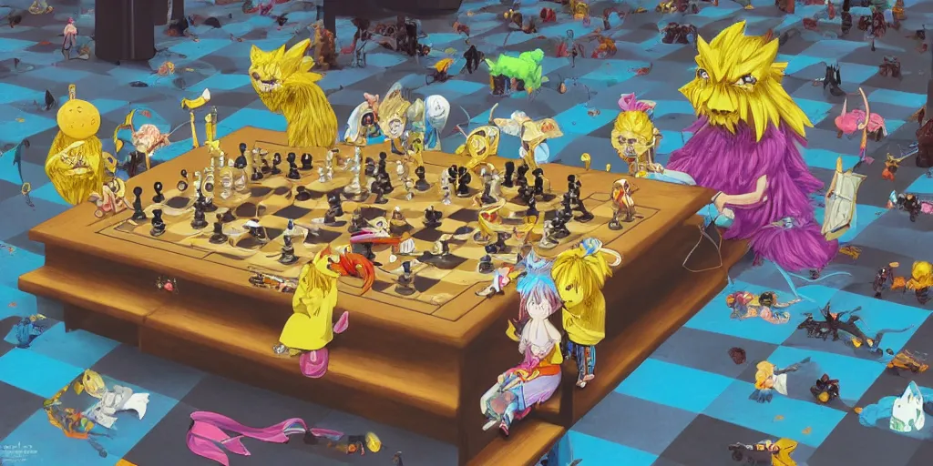 Prompt: cute anime monsters playing chess by Os Gemeos, 8k, trending on artstation, hyper detailed, cinematic
