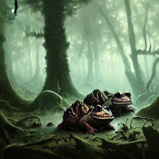 Image similar to evil toads in the forest, highly detailed, realistic, greg rutkowski
