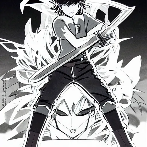 Image similar to young anime hero with a sword, illustrated by mato and ken sugimori, studio ghibili, manga, black and white illustration