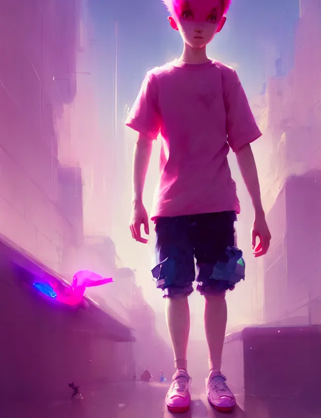 Prompt: a beautiful portrait of a cute boy with pink hair wearing tshirt and leggings under shorts in a city. character design by cory loftis, fenghua zhong, ryohei hase, ismail inceoglu and ruan jia. artstation, volumetric light, detailed, photorealistic, fantasy, rendered in octane