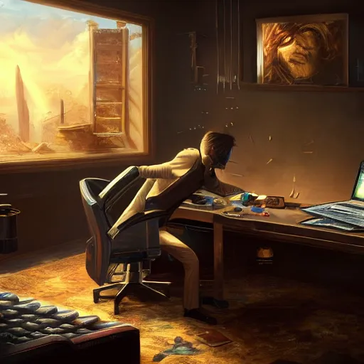 Image similar to realistic rich man using laptop in gaming room, money on floor, artstation trends, sci fi concept art, highly detailed, intricate, sharp focus, digital art, 8 k