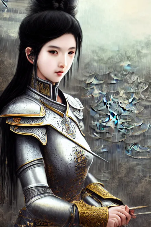 Image similar to portrait black hair young knights of Dynasty Warriors girl, matt white color armor, in ruin chinese temple rooftop heavily rain magic night, ssci-fi and fantasy, intricate and very beautiful and elegant, highly detailed, digital painting, soft light, artstation, concept art, smooth and sharp focus, illustration, art by tian zi and WLOP and alphonse mucha