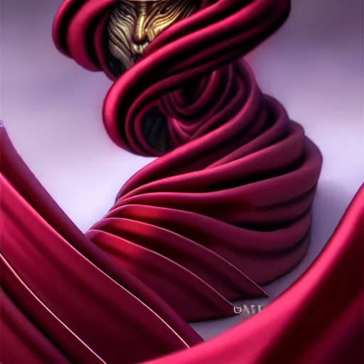 Image similar to chaotic burgundy satin ribbons instead of skin build image of beautiful mystic mad angry face, moebius, bao pham, donato giancola, larry elmore, masterpiece, trending on artstation, featured on pixiv, cinematic composition, beautiful lighting, sharp, details, hyper - detailed, hdr, 4 k, 8 k