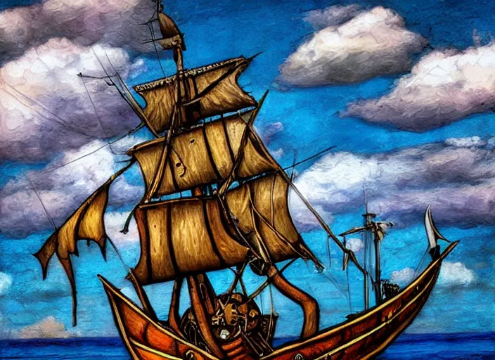 Prompt: sailing pirate ship, amazing sky, lowbrow, 3 - d, highly detailed, in the style of alexander jansson,