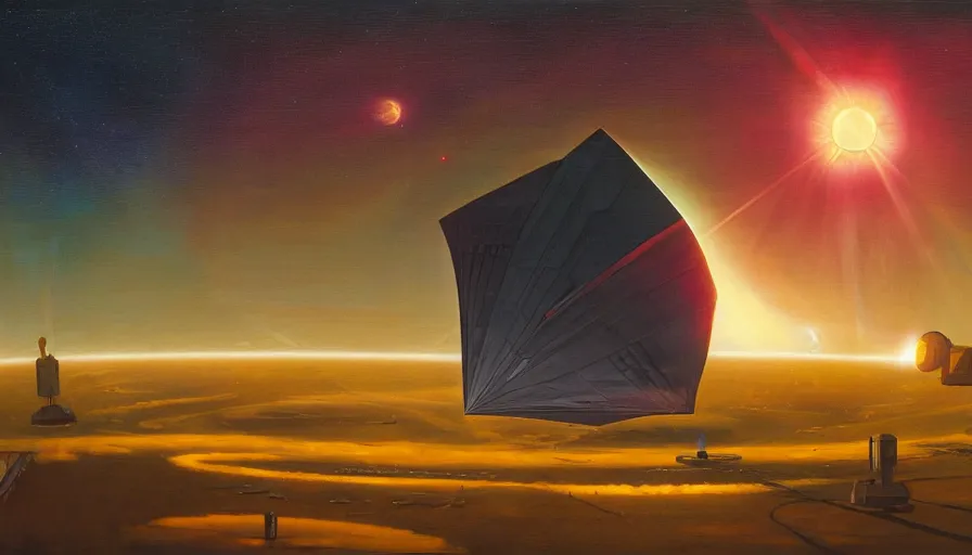 Image similar to solar sail infront of sun, in space, earth visible below, art deco painting, simon stalenhag