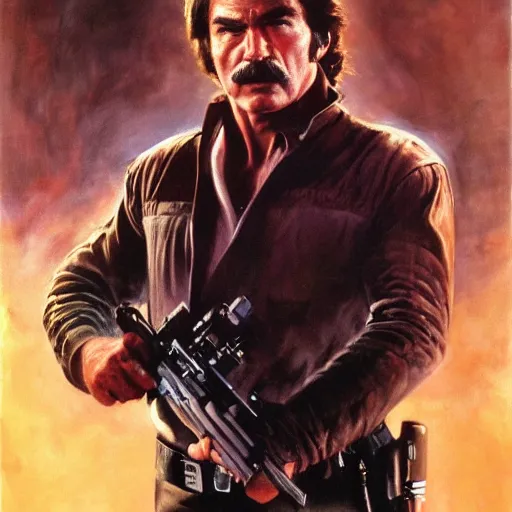 Prompt: ultra realistic portrait painting of tom selleck as han solo, art by frank frazetta, 4 k, ultra realistic, highly detailed, epic lighting