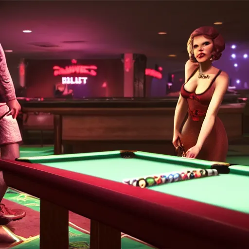 Prompt: Benny from Fallout new Vegas playing billiards with a prostitute at the TOPS casino. Ultra HD, 45mm, elegant, retro style, cinema picture