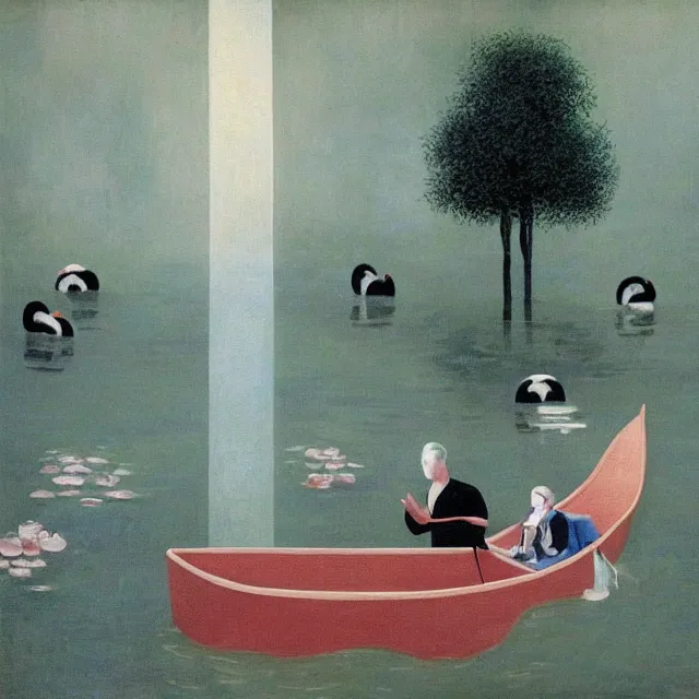 Image similar to painting of flood waters inside an apartment, taps with running water, tall female emo art student, a river flooding inside, tangelos, zen, pigs, ikebana, water, river, rapids, waterfall, black swans, canoe, pomegranate, berries dripping, acrylic on canvas, surrealist, by magritte and monet