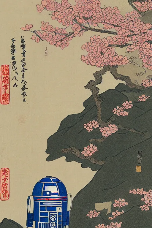 Prompt: Japanese woodblock print of r2d2 in front of a Japanese temple, cherry blossom, hokusai