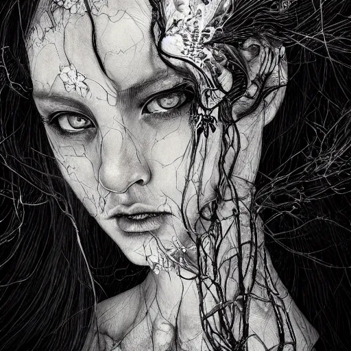 Prompt: A beautiful detailed aesthetic horror portrait painting titled 'Face of sadness' description 'Order of the occult princess' portrait, character design, worn, dark, manga style, extremely high detail, photo realistic, pen and ink, intricate line drawings, by Yoshitaka Amano, Ruan Jia, Kentaro Miura, Artgerm, post processed, concept art, artstation, matte painting, style by eddie mendoza, raphael lacoste, alex ross,