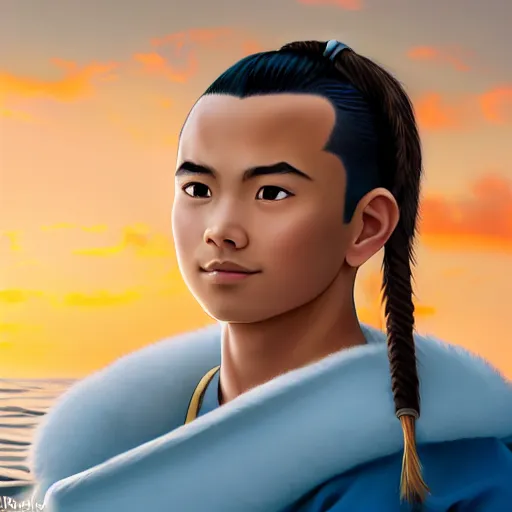 Image similar to beautiful serene intricate photograph of sokka from the water tribe as an inuit young man, dark hair, light blue eyes, smiling softly, relaxing on the beach, golden hour, soft focus, 8 k, art by irakli nadar, hyperrealism, hyperdetailed, ultra realistic