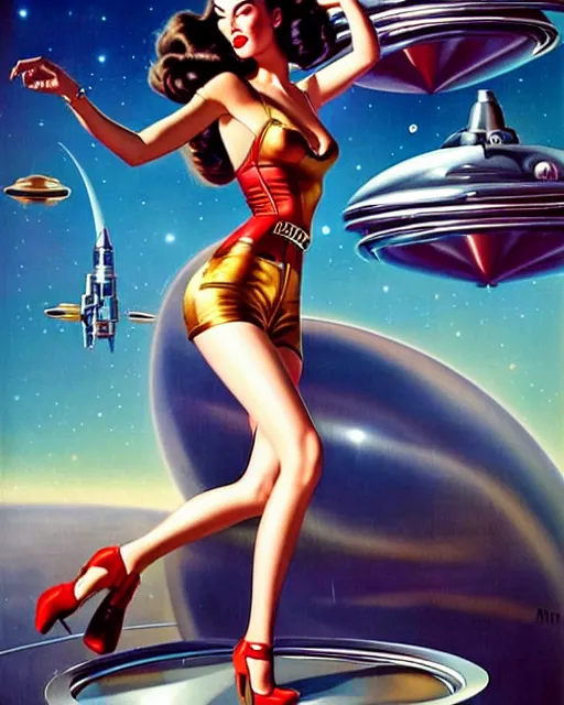 Image similar to beautiful retro space megan fox varga girl posing on a chrome space ship in diesel punk city, windblown dark hair, retro pinup model, seductive, 1 9 4 0, hyper detailed, digital art, smooth, sharp focus, gil elvgren, anna dittmann,