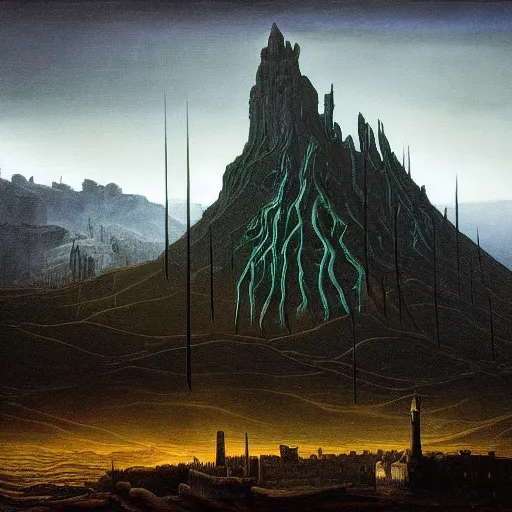 Image similar to minas morgul detailed oil on canvas in the style of Caspar david Friedrich,