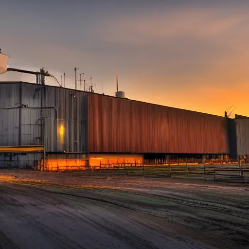 Prompt: wide gamut color cinematic matte painting of professional white balanced flambient HDR golden hour real estate photography ancient acifi fantasy industrial manufacturing facility