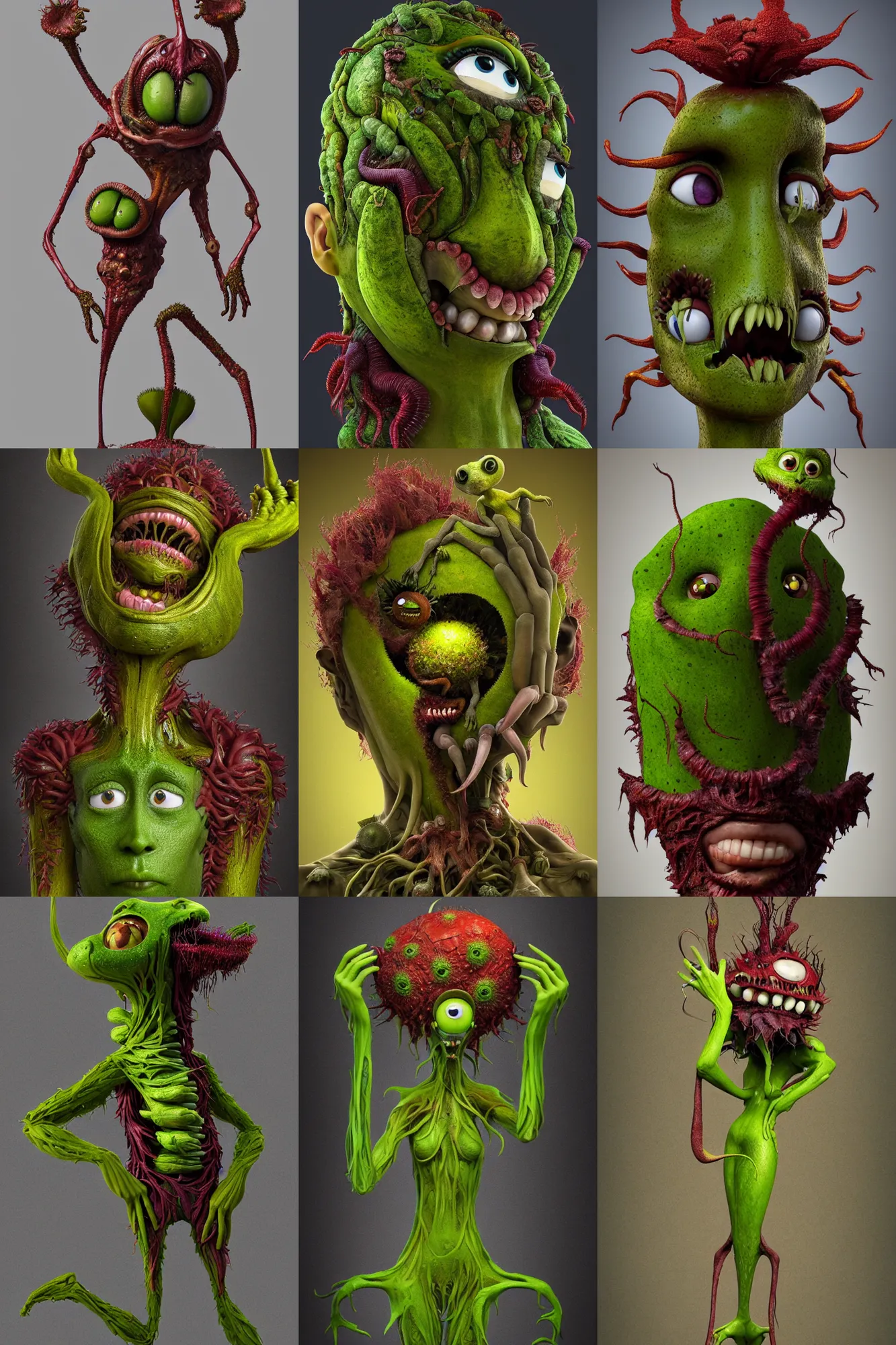 Prompt: anthropomorphic, mutant carnivorous plant eating a human, full body, character design by Disney and Pixar, sculpted in zbrush, inspired in Arcimboldo, minimal, dystopian, big eyes with eyelashes,extremely detailed, digital painting, artstation, algae feet, concept art, volumetric lighting, golden ratio, rule of thirds, fibonacci