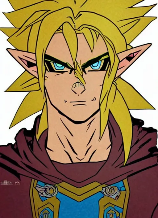 Prompt: link as the fierce diety super sayian, from the legend of zelda!! portrait illustration, pop art, splash painting, art by geof darrow, ashley wood, alphonse mucha, makoto shinkai