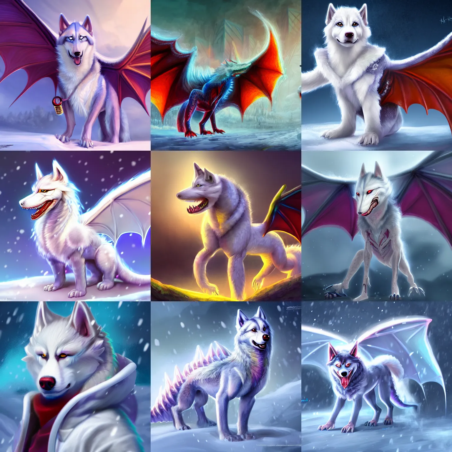 Prompt: male antropromorphic dragon - husky - hybrid, wearing a white doctor coat and stethoscope, digital art, concept art, trending on artstation, in the snow, bright colors, wings, tail, highly detailed, 8 k hd