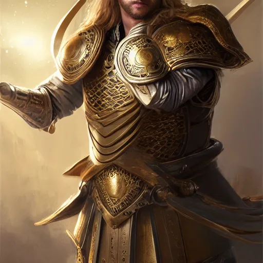 Prompt: Portrait of a beautiful male cleric with long flowing blonde hair wearing burnished bronze armour emblazoned with a swan on the breastplate. Wielding a magical scimitar embossed with the phases of the moon. Magic, bright divine lighting, flux. High fantasy, digital painting, HD, 4k, detailed by Ruan Jia