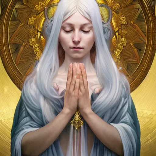 Prompt: goddess, white hair, long hair, praying, folded hands, closed eyes, serious face, full body, artstation, highly detailed, georgeus, ethereal, halo in the background, by artgerm and alphonse mucha and greg rutkowski