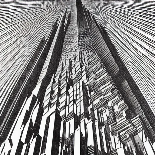Prompt: the twin tower catasrophe, Maurits Cornelis Escher, Tower of Babel, 1928 Woodcut, planes flying into skyscrapers, interweaving, morphing.