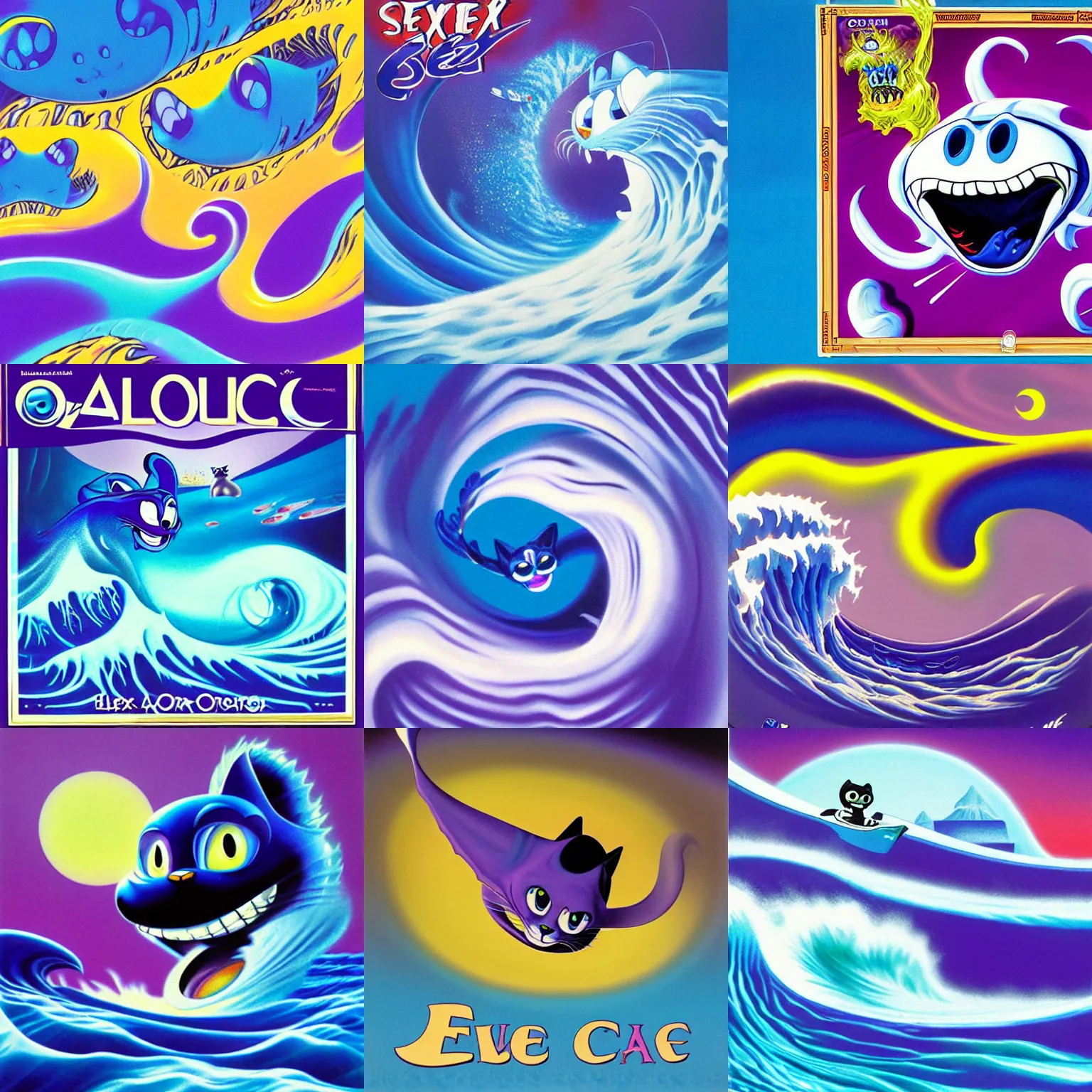 Prompt: surreal, sharp, detailed professional, high quality airbrush art album cover of a blue cresting ocean wave in the shape of felix the cat, purple checkerboard, 1990s 1992 Sega Genesis box art
