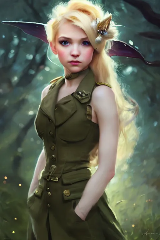 Image similar to cinematic shot of an epic portrait of a cute blonde fairy dressed in military clothes, stylised military clothes, shiny skin, beautiful eyes, beautiful, small details, night setting, realistic poster with volumetric light from craig mallism, artgerm, jeremy lipkin and michael garmash, unreal engine, radiant light, digital art, trends at art station, a masterpiece