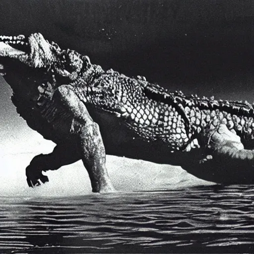 Prompt: found retro footage of a giant crocodile ambushing a lion from a murky lake, high temperature, cinematic lighting, focused eyes, apex predator standoff