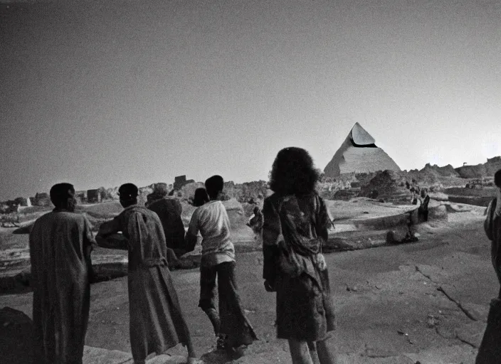 Image similar to people looking at pyramid burning in Cairo, film grain, andrei tarkovsky, evening