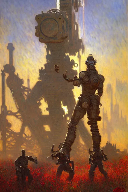 Image similar to fallout, huge machine robot, cool tint, painting by, gaston bussiere, craig mullins, j. c. leyendecker, claude monet