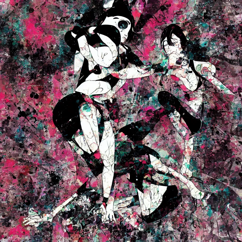 Image similar to girl figure, abstract, jet set radio artwork, ryuta ueda artwork, cryptic, rips, spots, asymmetry, stipple, lines, glitches, color tearing, pitch bending, stripes, dark, ominous, eerie, hearts, minimal, points, otomo katsuhiro artwork, technical, natsumi mukai artwrok, folds