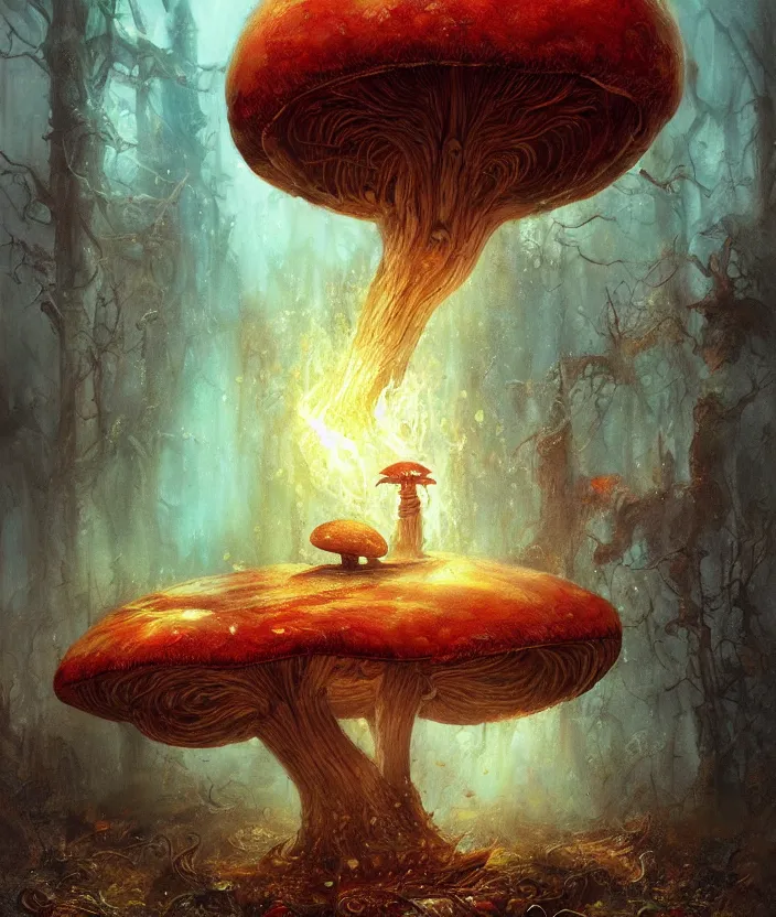 Prompt: Mushroom Dragon, fantasy artwork, godrays, warm colors, by seb mckinnon