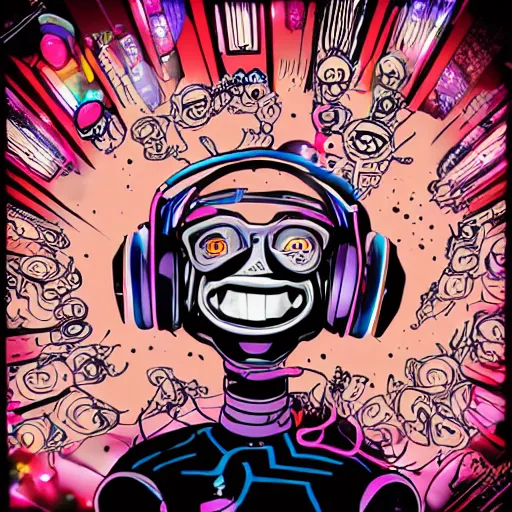 Image similar to artgerm, psychedelic laughing robot chicken by seth green, rocking out, headphones dj rave, digital artwork, r. crumb, svg vector