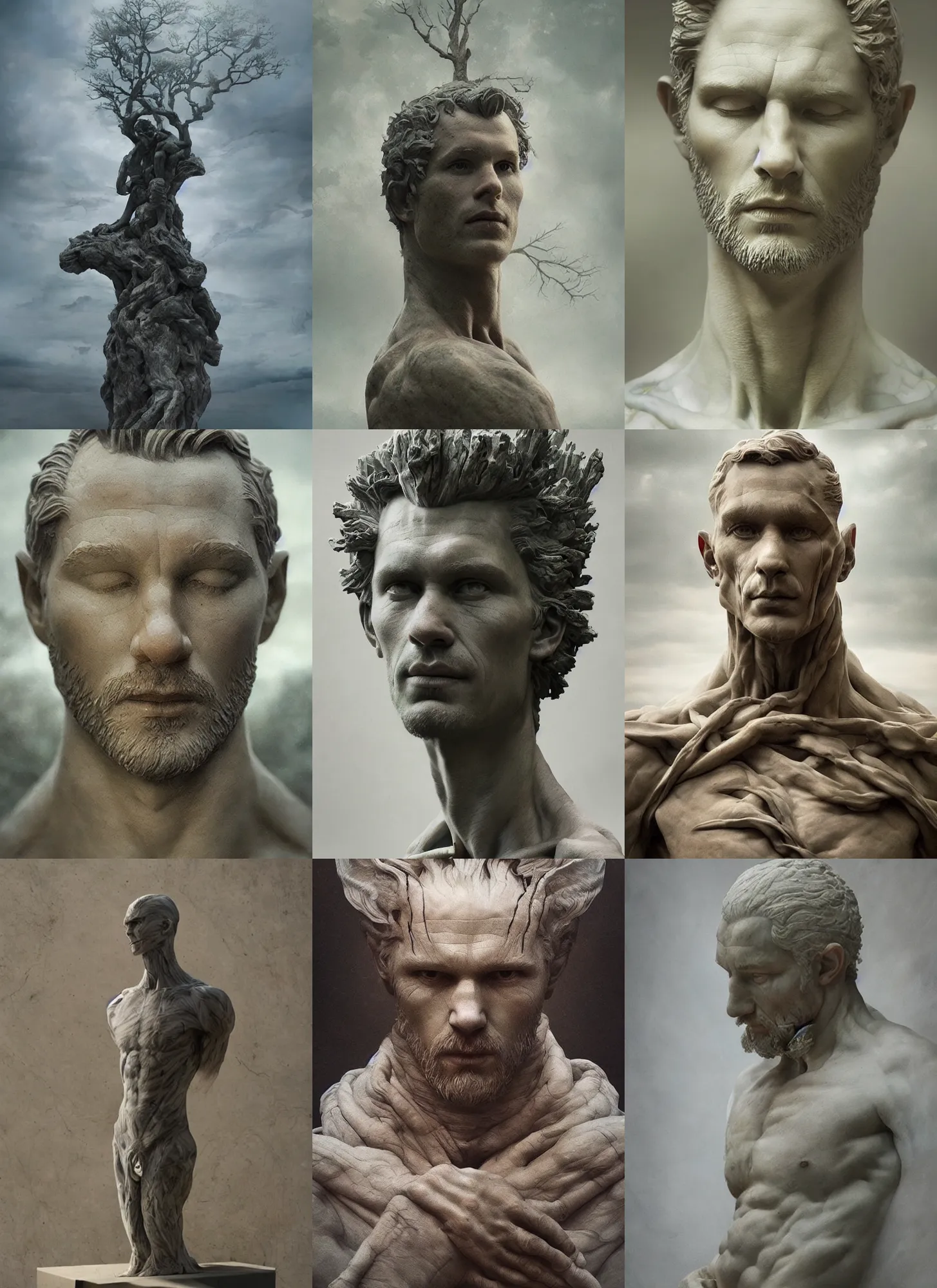 Prompt: beautiful portrait of man made of a tree marble sculpture by greg rutkowski, josan gonzalez, rodin, michelangelo, cinematography by christopher nolan, imaginative, creative, emotion : madness