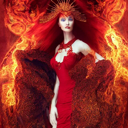 Image similar to Redhead Fire Priestess, wild hair, in a beautiful flowing red dress surrounded by flames, clothes, intricate hellish decoration on the dress, on the background of an ancient cathedral, Designer clothes, vouge photo, fashion style, fullbody, in full growth, intricate, elegant, highly detailed, artstation, concept art, smooth, sharp focus, illustration, art by greg rutkowski and orientalism and bouguereau and Zdzislaw Beksinski, good clear quality, lighting, biology, symmetrical artwork, perfect face, 135 mm, cinematic, hyper realism, high detail, octane render, 8k, chrome accents