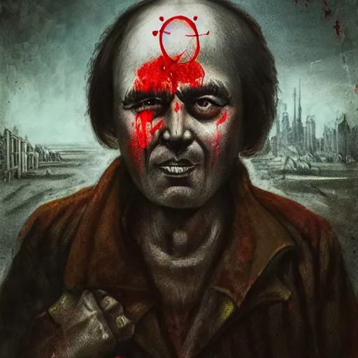 Image similar to portrait of alexander abdulov, with a red eyes, satanic body, head of old man, om blood of sinners, with background of ruined city, post - apocalyptic style, hellish style