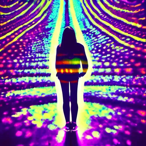 Image similar to a woman standing on steps in a field at night, a hologram by kusama, instagram, optical illusion, full body, ultra hd, neon