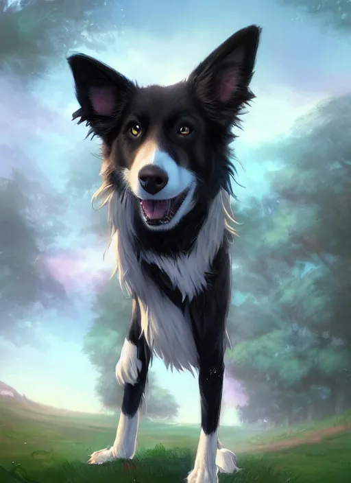 Image similar to wide angle beautiful full body portrait of a cute male anthropomorphic border collie fursona wearing a jacket in front of a park, character design by charlie bowater, henry asencio, and ross tran, furry art, furaffinity, scenic background, beautiful, fantasy, glamor pose, detailed, trending on artstation