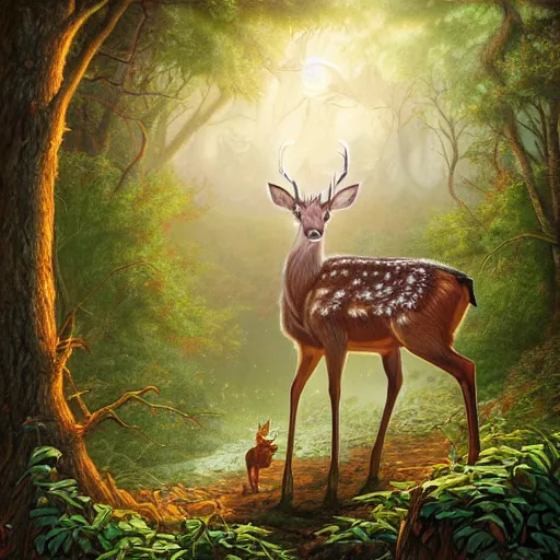 Image similar to a detailed fantasy painting of a deer in a forest looking at a robot city, by lauri blank, artgerm, evelyn de morgan, 8K, 50mm lens