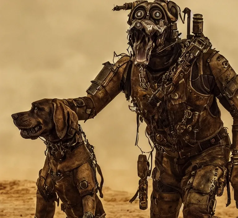 Image similar to a good ol'bloodhound dog fursona ( from the furry fandom ), heavily armed and armored facing down armageddon in a dark and gritty version from the makers of mad max : fury road. witness me.