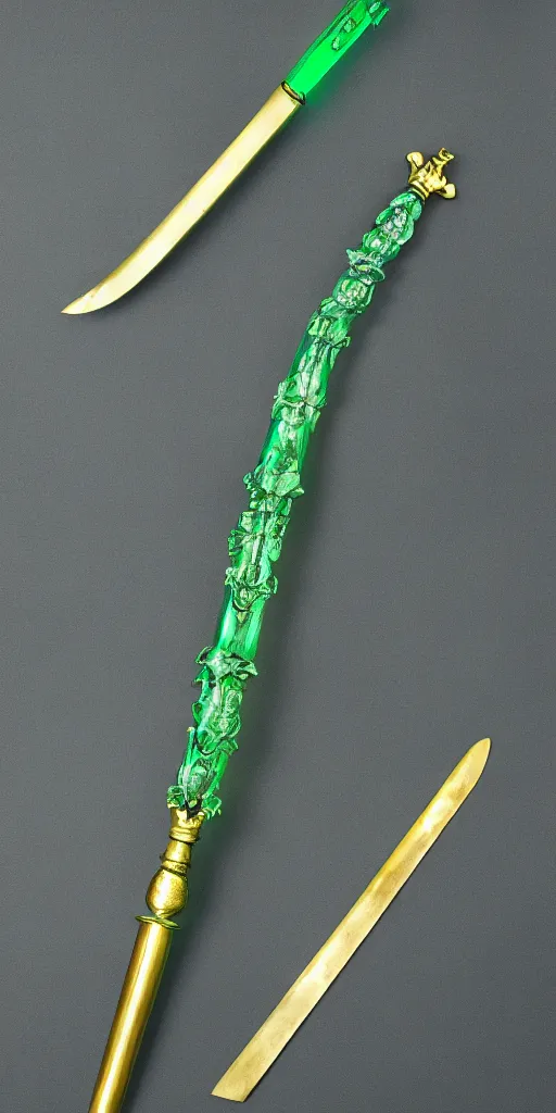 Prompt: photograph of a wide green and teal crystal sword with a big gold sword hilt